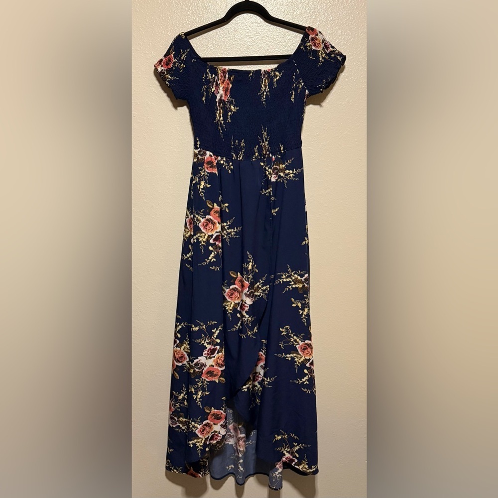 Omonsim Navy Floral Off-Shoulder Maxi Dress | Asymmetrical Hem Boho Romantic - Picture 2 of 6
